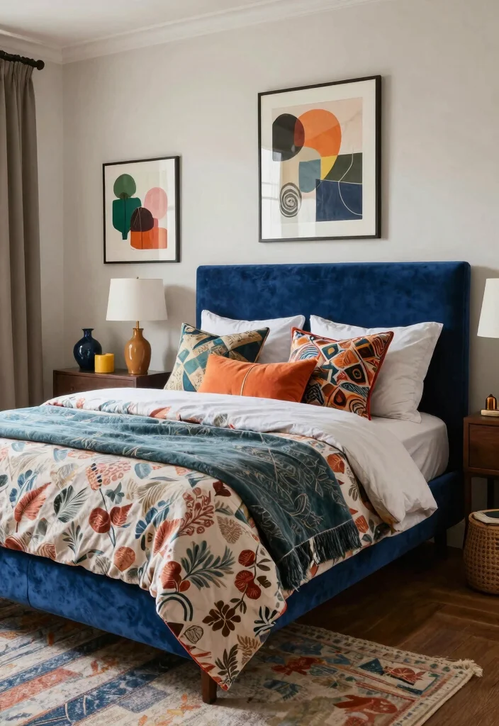 15 Blue Velvet Headboard Bedroom Ideas Luxe Statement Style - 7. Eclectic Mix 1