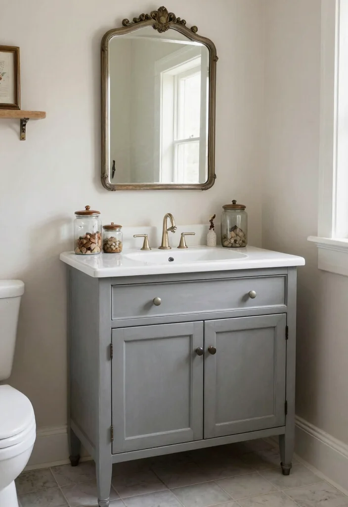 15 Gray Vanity Bathroom Ideas With Cool Neutral Style - 11. Vintage Charm 1