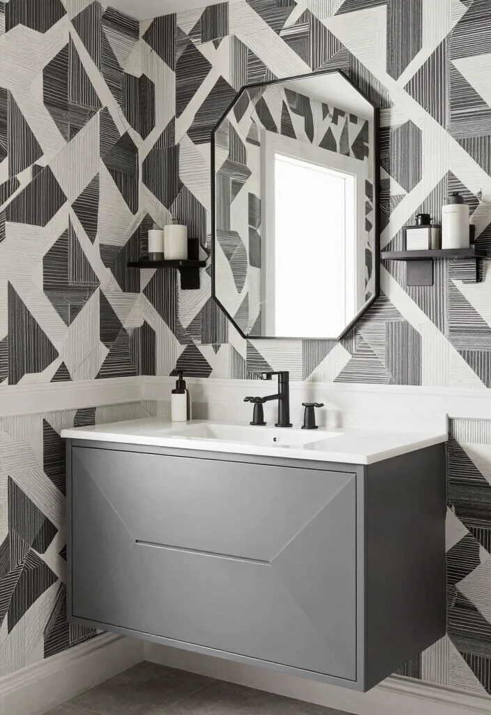 15 Gray Vanity Bathroom Ideas With Cool Neutral Style - 13. Geometric Accents 1