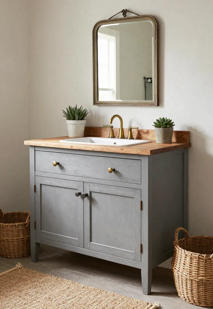 15 Gray Vanity Bathroom Ideas With Cool Neutral Style - 2. Rustic Gray Retreat 1