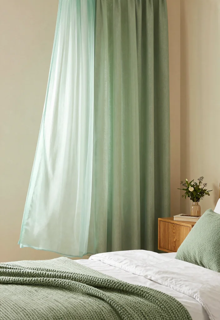 15 Green Curtains Bedroom Ideas for a Calm Natural Touch - 1. Layered Textures for Depth 1