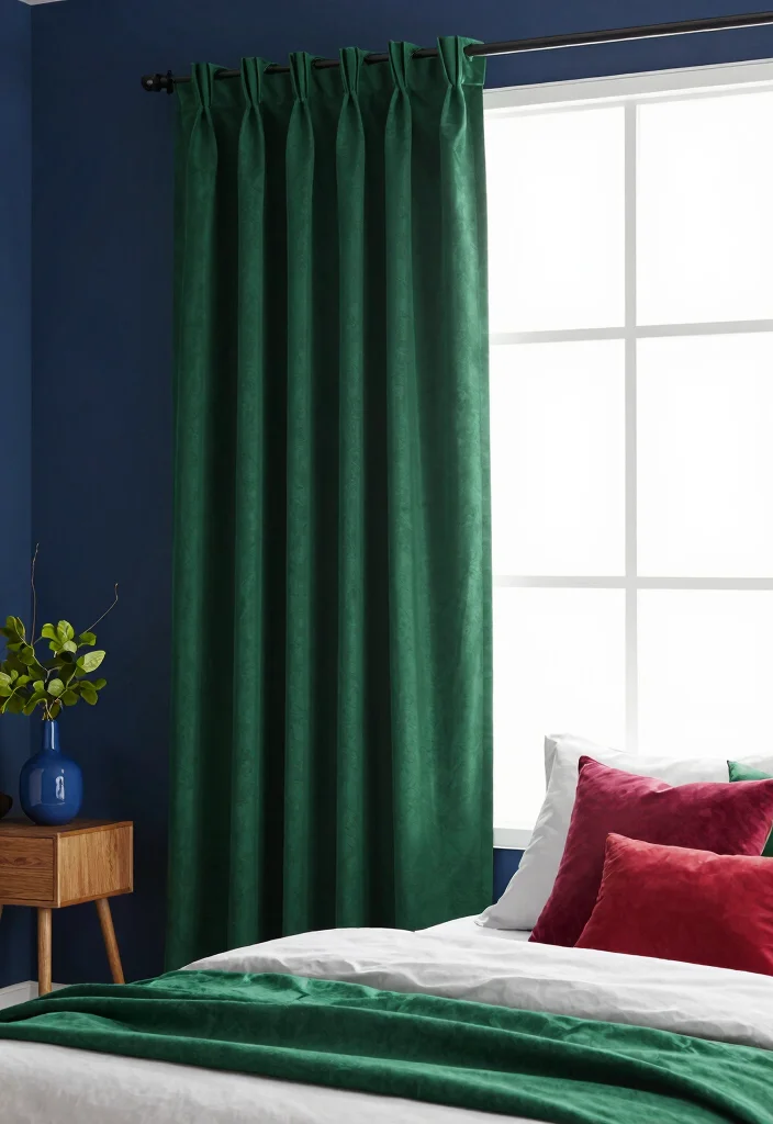 15 Green Curtains Bedroom Ideas for a Calm Natural Touch - 11. Bold Contrast 1