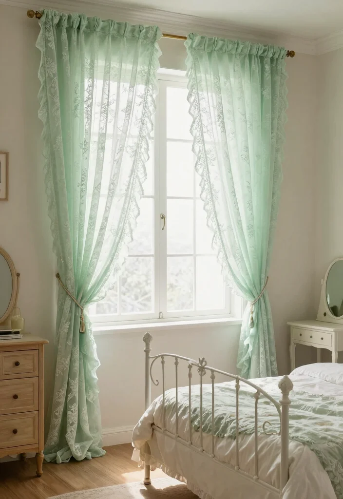 15 Green Curtains Bedroom Ideas for a Calm Natural Touch - 12. Vintage Lace Touch 1
