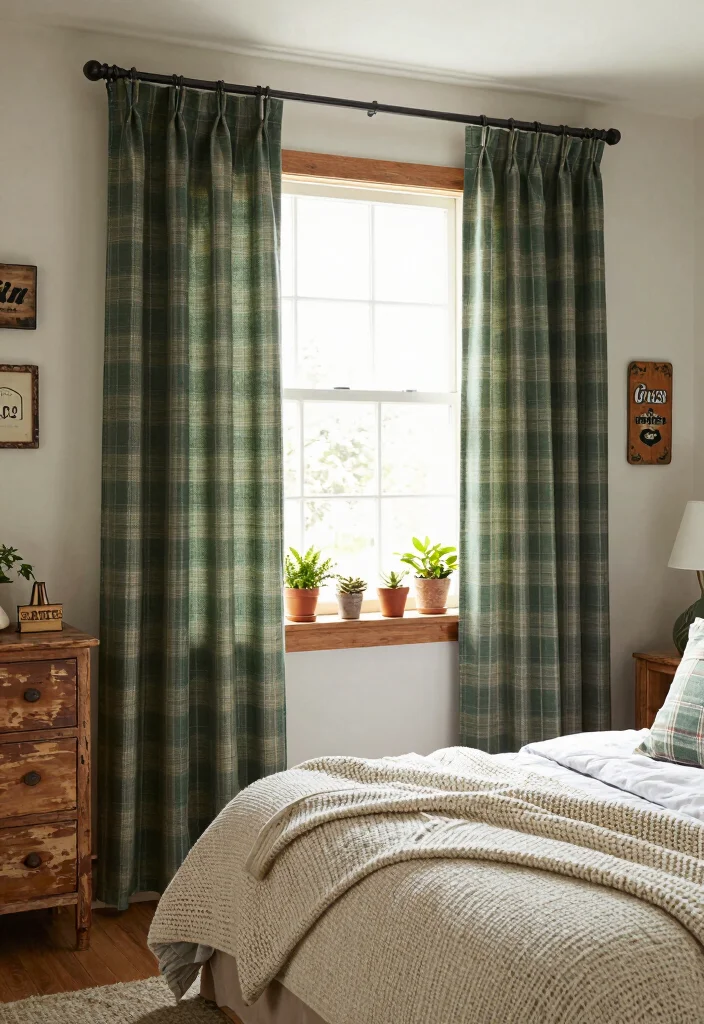 15 Green Curtains Bedroom Ideas for a Calm Natural Touch - 13. Farmhouse Charm 1