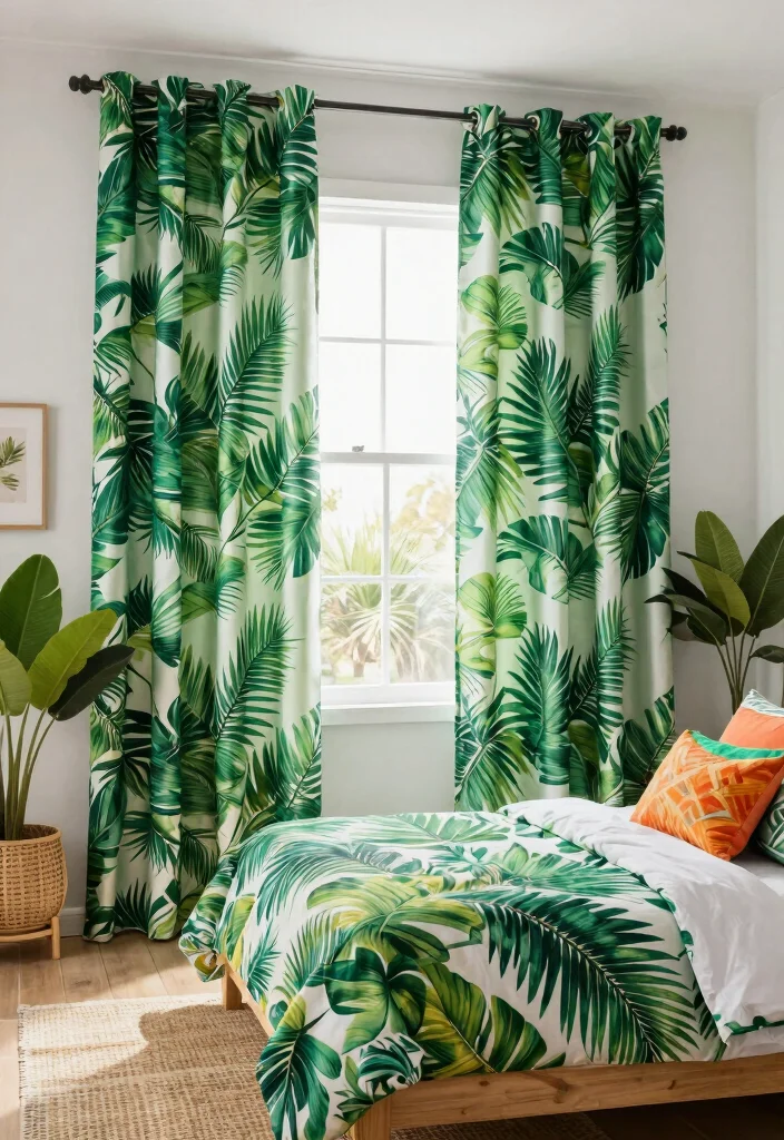 15 Green Curtains Bedroom Ideas for a Calm Natural Touch - 14. Tropical Escape 1