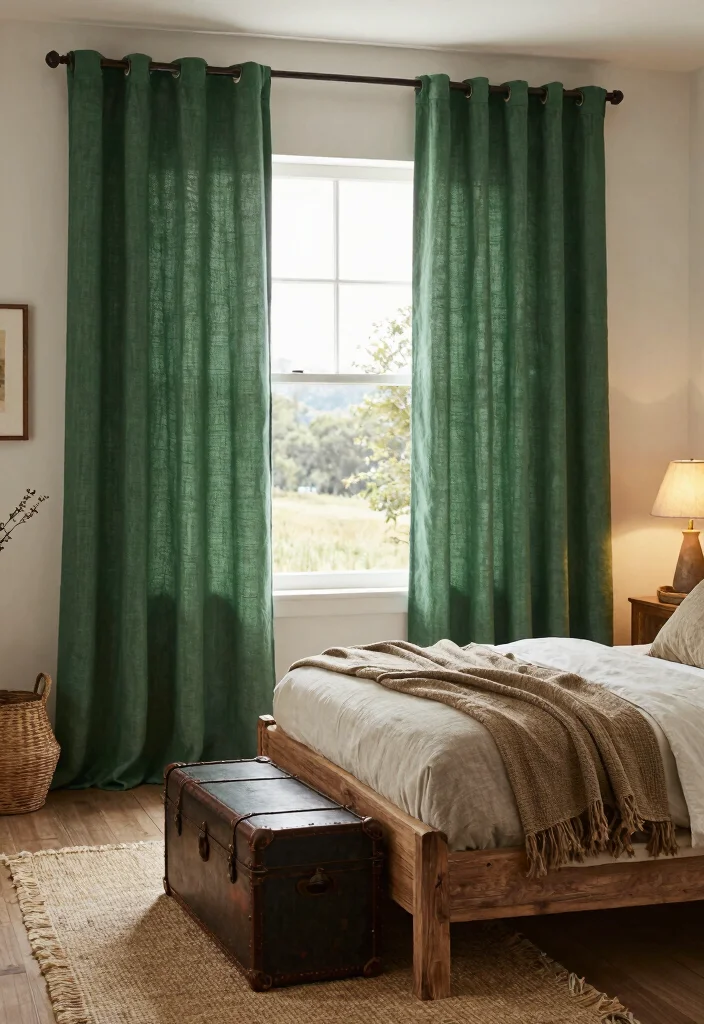 15 Green Curtains Bedroom Ideas for a Calm Natural Touch - 15. Rustic Chic 1