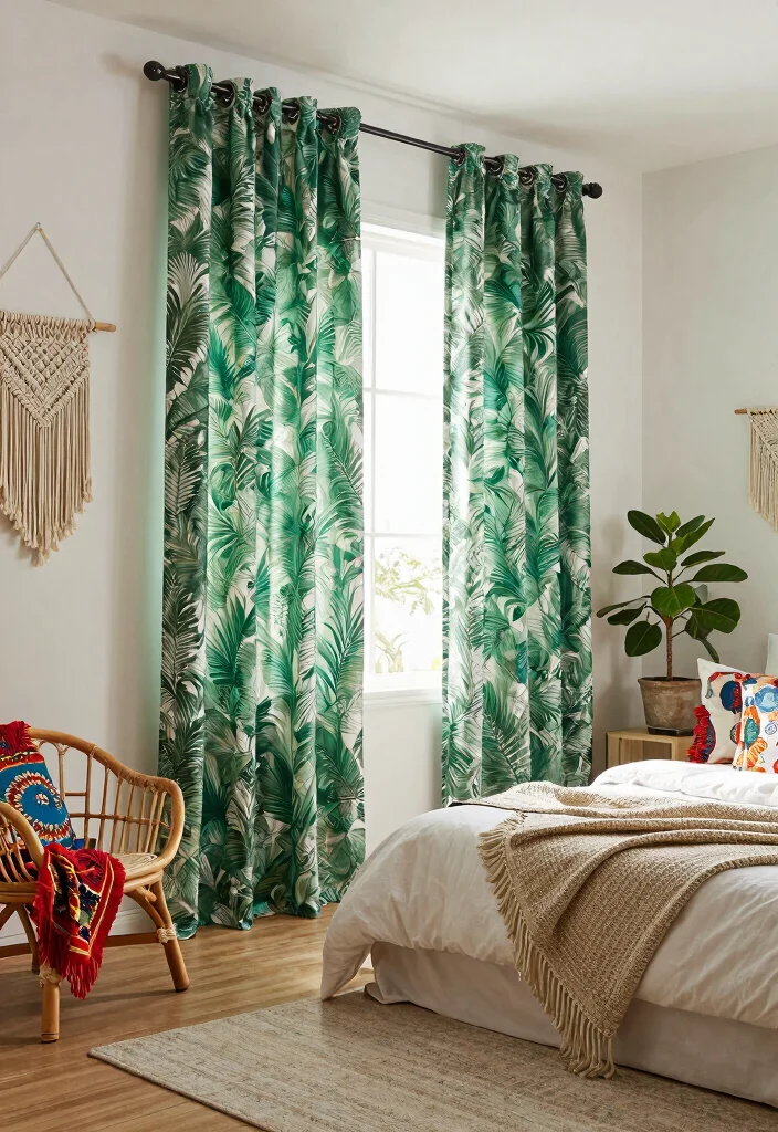 15 Green Curtains Bedroom Ideas for a Calm Natural Touch - 2. Bohemian Bliss with Patterns 1