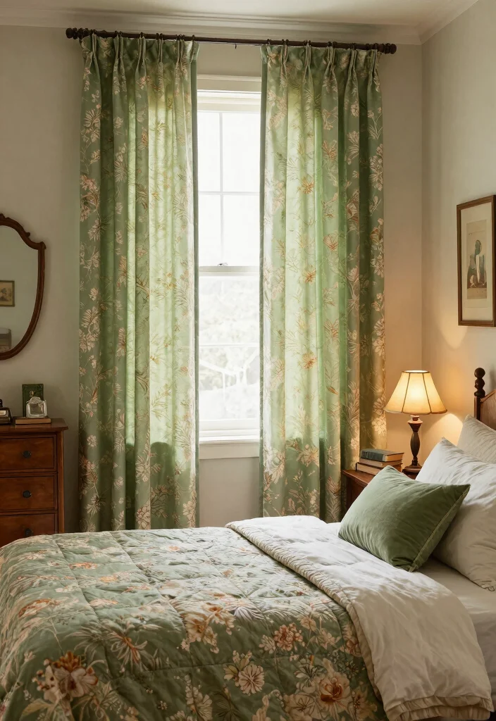 15 Green Curtains Bedroom Ideas for a Calm Natural Touch - 6. Vintage Vibes 1