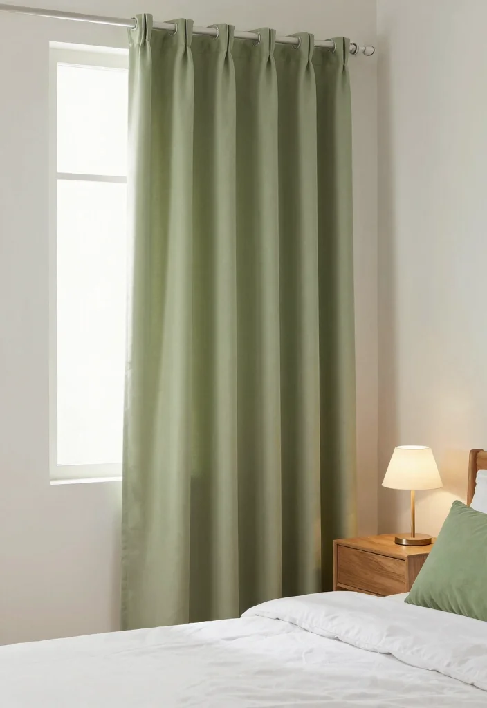 15 Green Curtains Bedroom Ideas for a Calm Natural Touch - 9. Minimalist Aesthetics 1