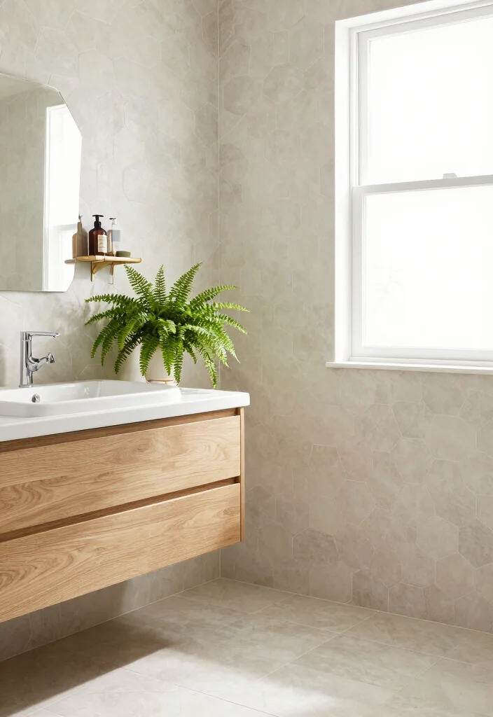 15 Honeycomb Tile Bathroom Ideas With Geometric Flair - 1. Soft Neutrals with Honeycomb Accents 1