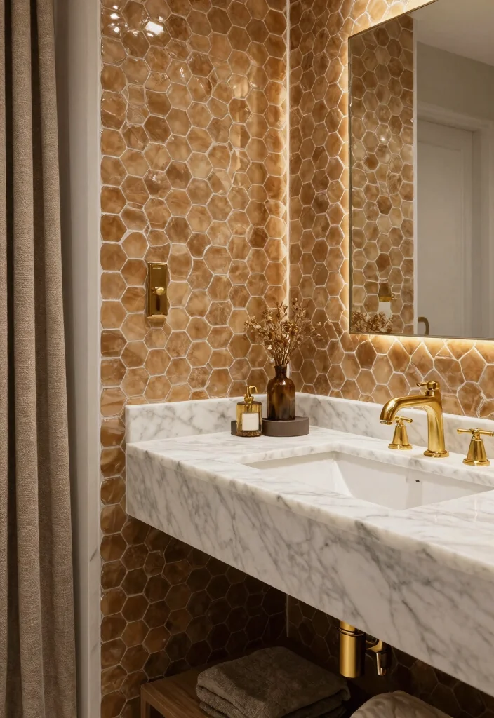 15 Honeycomb Tile Bathroom Ideas With Geometric Flair - 12. Honeycomb Tile and Marble Combo 1