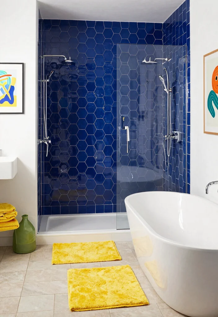 15 Honeycomb Tile Bathroom Ideas With Geometric Flair - 2. Bold and Colorful Honeycomb Patterns 1