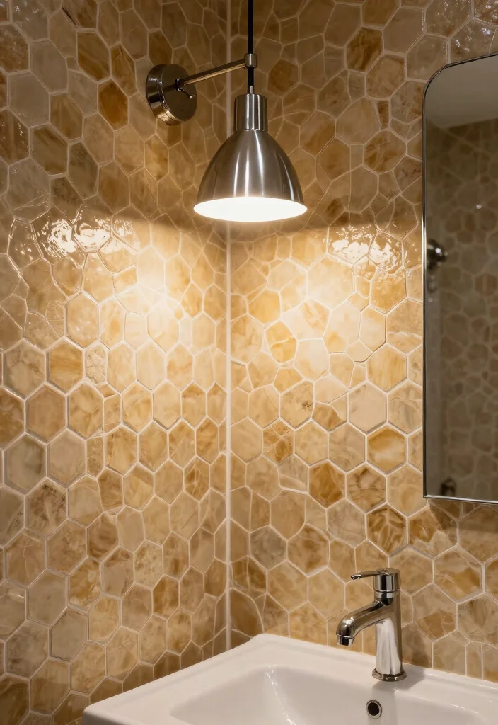 15 Honeycomb Tile Bathroom Ideas With Geometric Flair - 8. Honeycomb Tiles with Statement Lighting 1