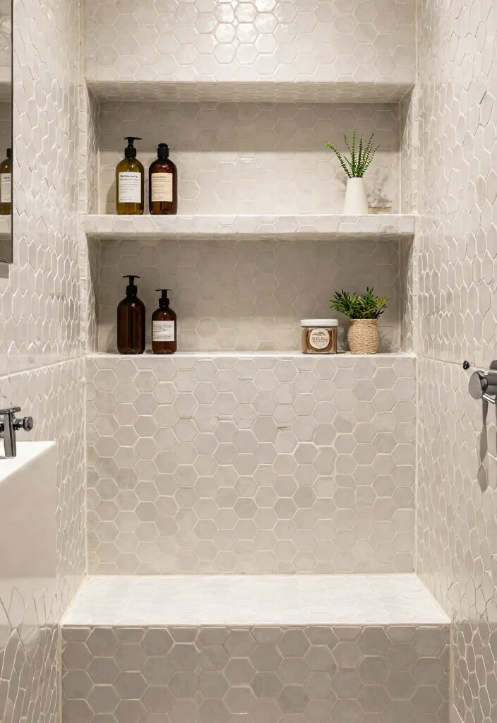 15 Honeycomb Tile Bathroom Ideas With Geometric Flair - 9. Multi-Functional Honeycomb Tile Designs 1