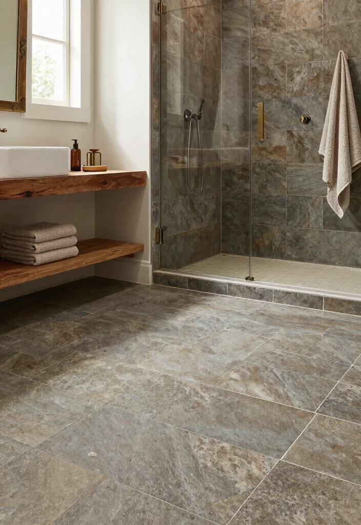 15 Modern Farmhouse Bathroom Tile Ideas With Cozy Charm - 10. Natural Stone Tiles 1