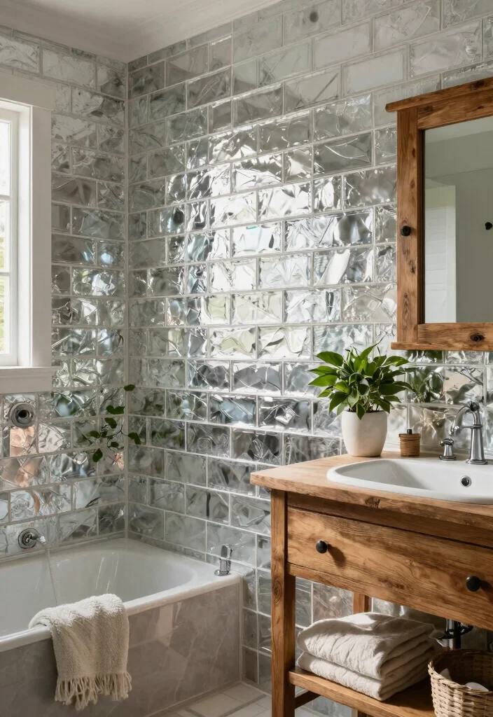 15 Modern Farmhouse Bathroom Tile Ideas With Cozy Charm - 11. Reflective Glass Tiles 1