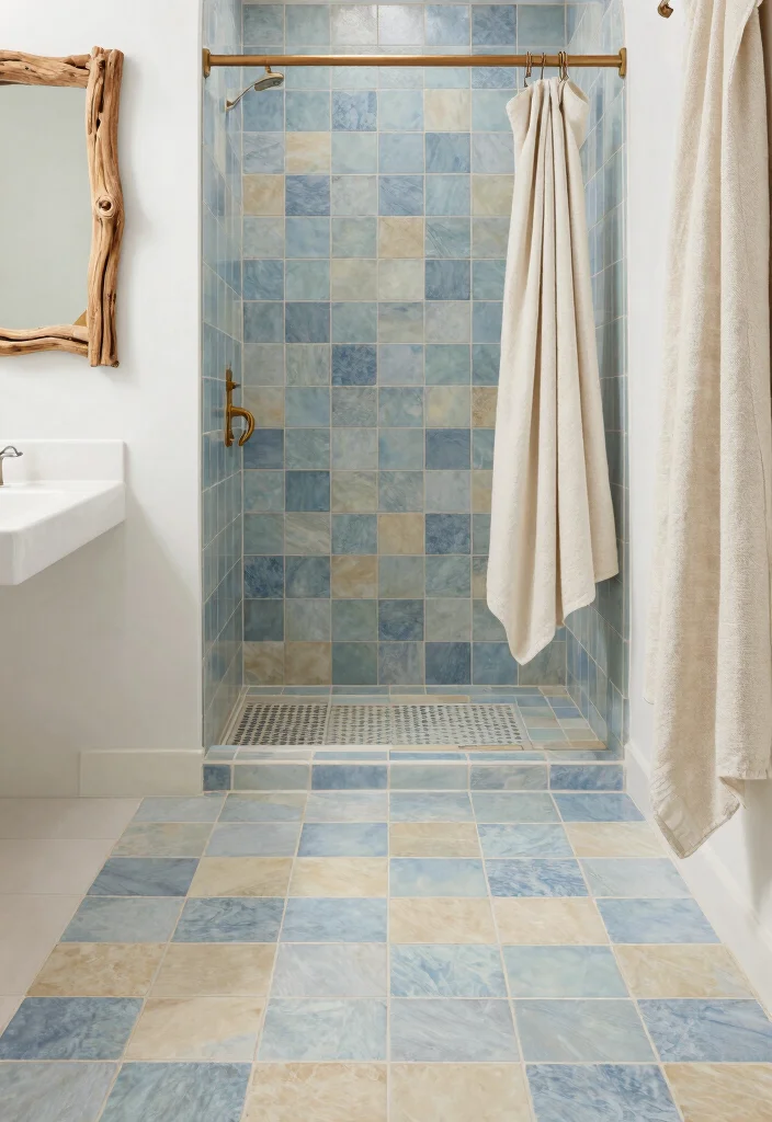 15 Modern Farmhouse Bathroom Tile Ideas With Cozy Charm - 12. Coastal-Inspired Tiles 1