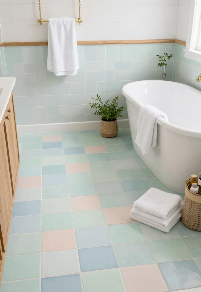 15 Modern Farmhouse Bathroom Tile Ideas With Cozy Charm - 6. Soft Pastel Tiles 1