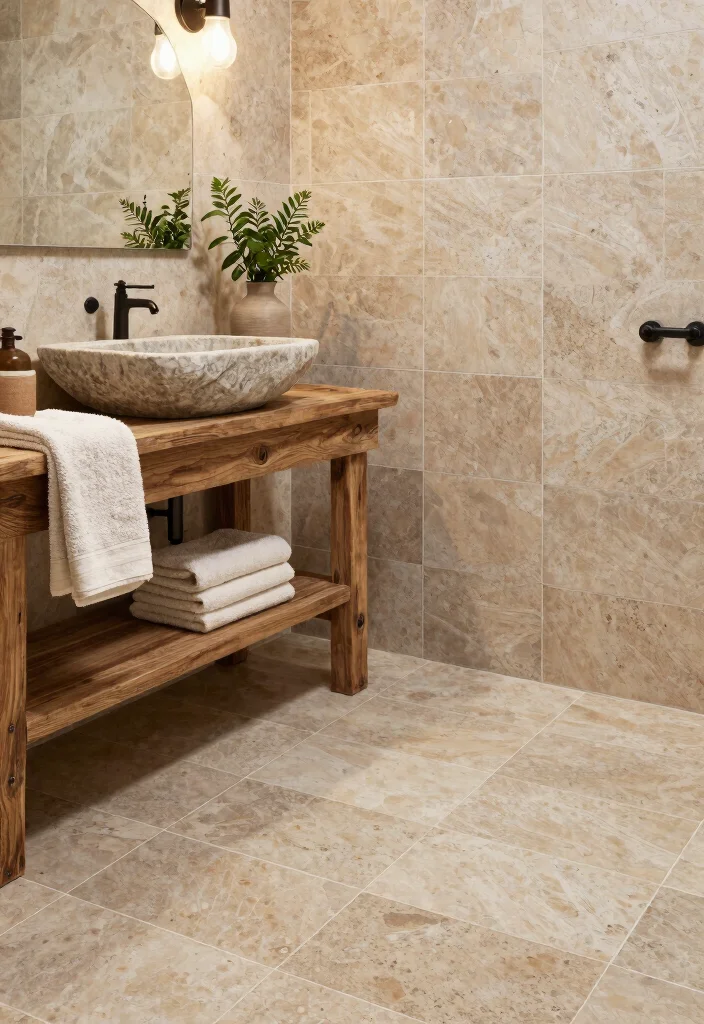 15 Modern Farmhouse Bathroom Tile Ideas With Cozy Charm - 8. Travertine Tiles for Rustic Elegance 1