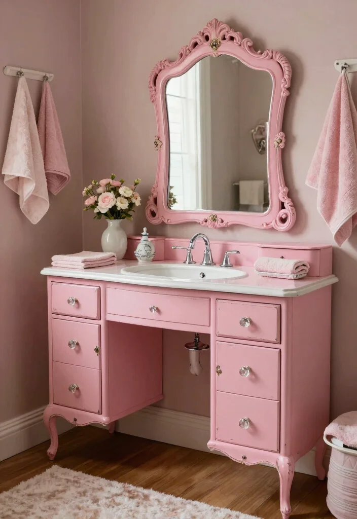 15 Pink Bathroom Vanity Ideas With Soft Charming Colour - 1. Elegant Antique Charm 1