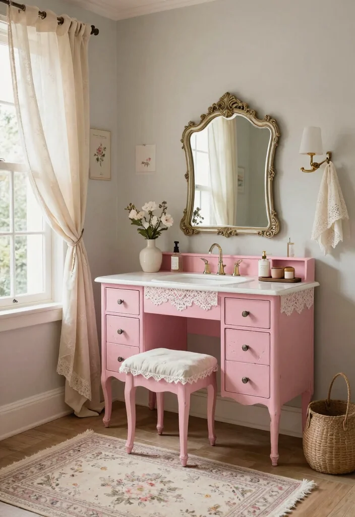 15 Pink Bathroom Vanity Ideas With Soft Charming Colour - 11. Vintage Shabby Chic 1
