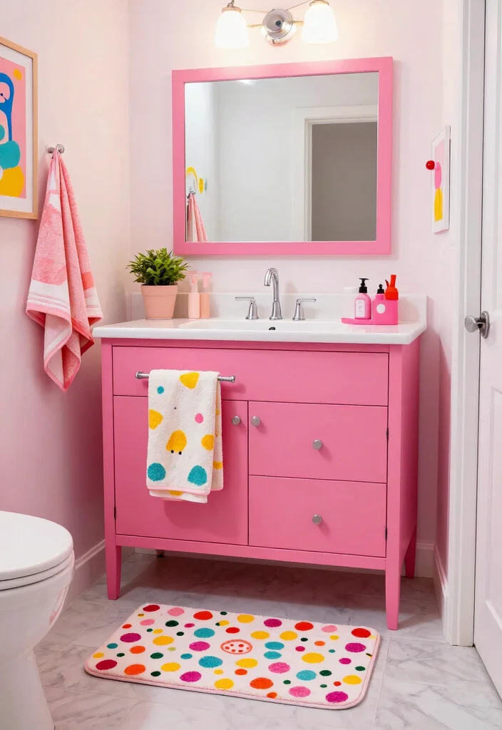 15 Pink Bathroom Vanity Ideas With Soft Charming Colour - 12. Bright and Cheerful 1
