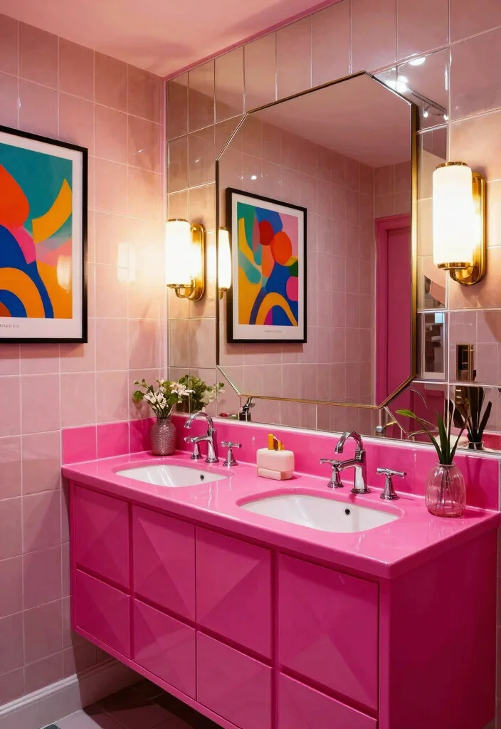 15 Pink Bathroom Vanity Ideas With Soft Charming Colour - 13. Retro Glam 1