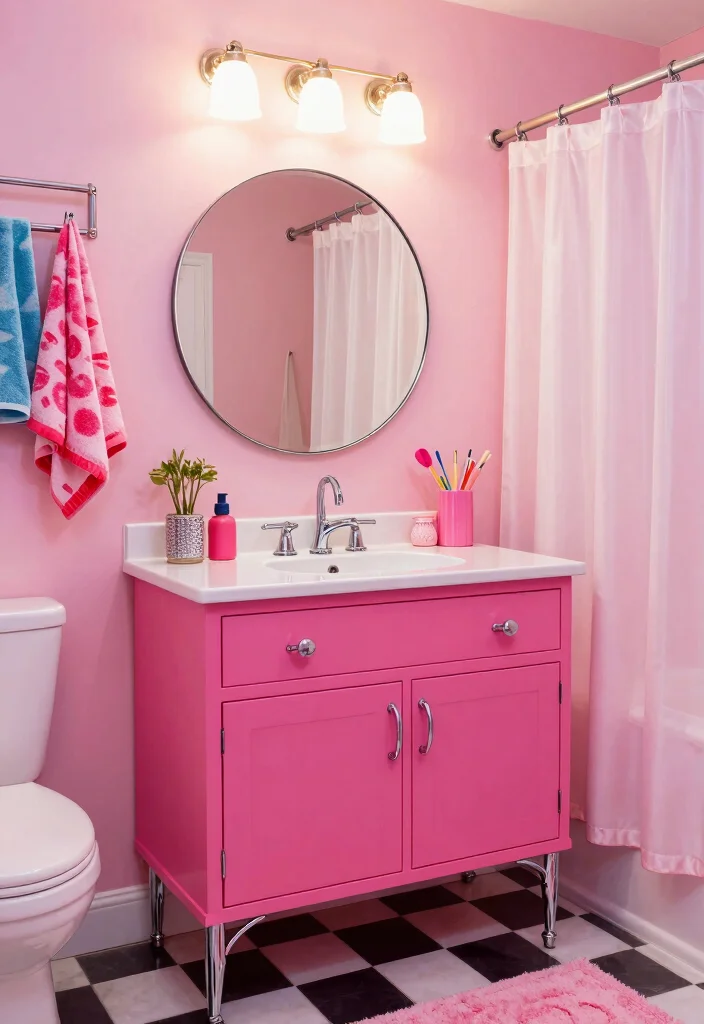 15 Pink Bathroom Vanity Ideas With Soft Charming Colour - 5. Retro Diner Vibes 1