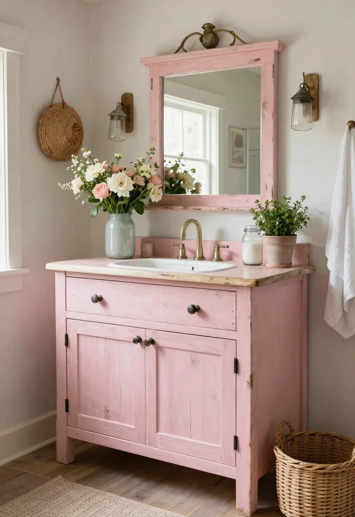 15 Pink Bathroom Vanity Ideas With Soft Charming Colour - 6. Rustic Farmhouse Flair 1