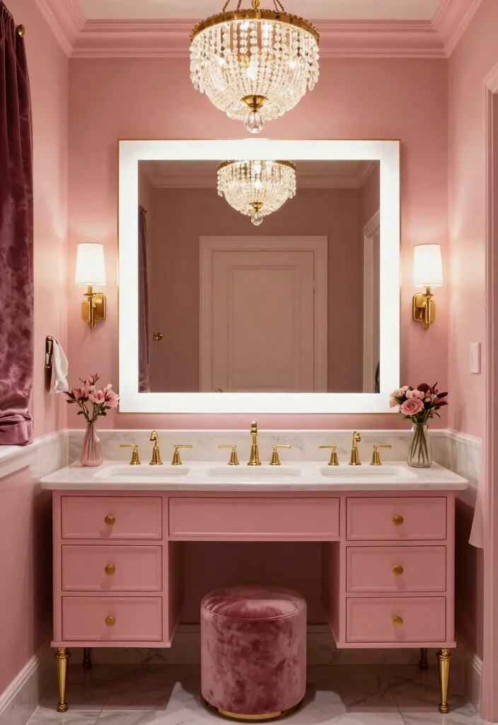 15 Pink Bathroom Vanity Ideas With Soft Charming Colour - 7. Glamorous Hollywood Style 1