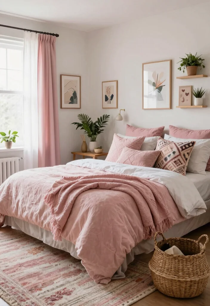 15 Pink Girls Bedroom Ideas Sweet Playful Style - 4. Soft Pink Touches with Boho Elements 1