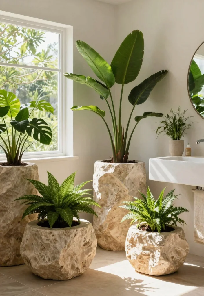 15 Rock Bathroom Ideas With Natural Character - 13. Stone Planters and Greenery 1
