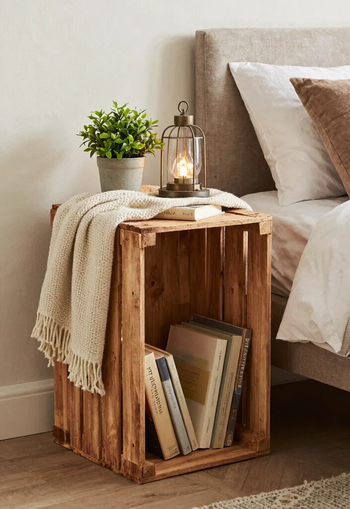 15 Small Bedroom Side Table Ideas: Compact Functional Picks - 10. Wooden Crate Side Table 1