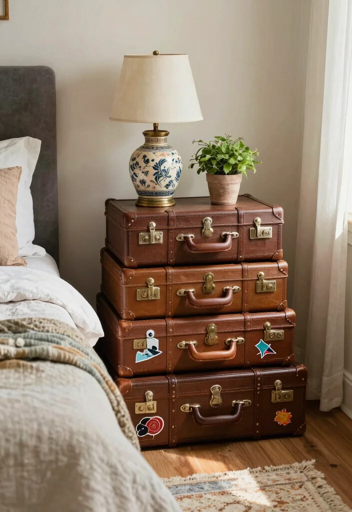 15 Small Bedroom Side Table Ideas: Compact Functional Picks - 7. Vintage Suitcase Stack 1
