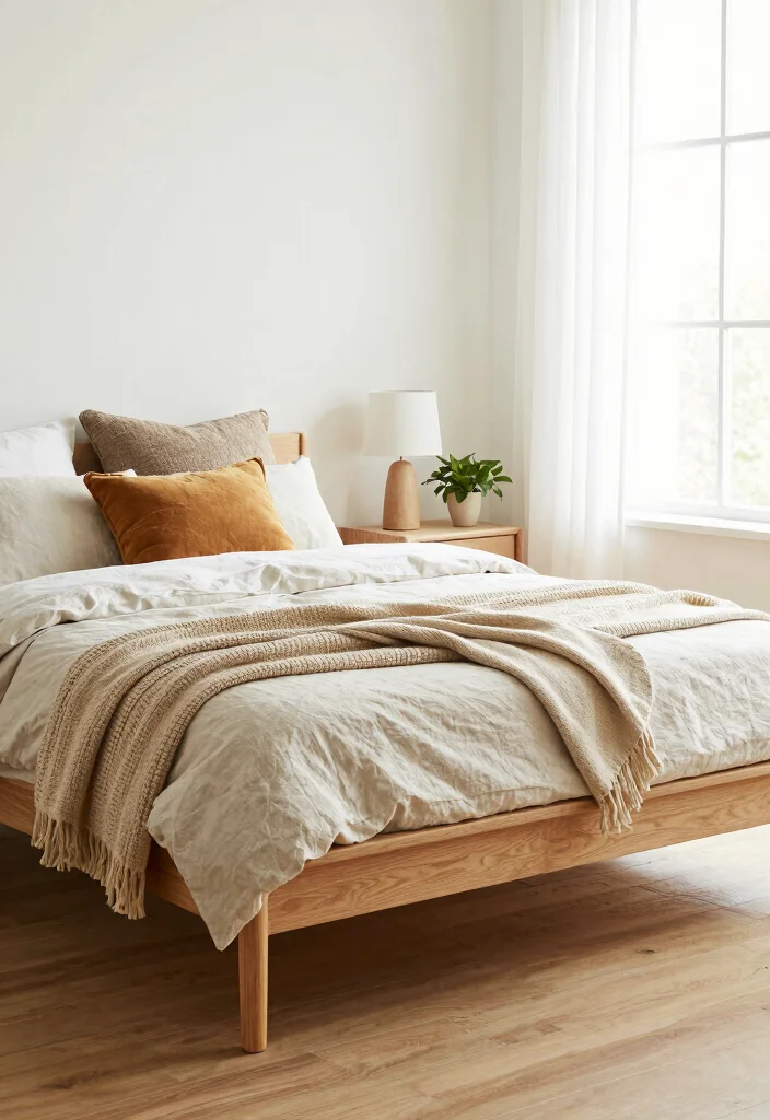 15 Wooden Bedframe Bedroom Ideas for a Natural Warm Style - 1. Minimalist Wooden Bedframe with Accent Pillows 1