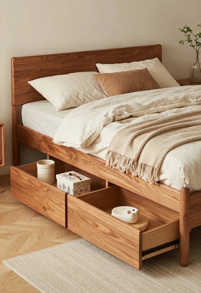 15 Wooden Bedframe Bedroom Ideas for a Natural Warm Style - 11. Bedframe with Built-in Storage Solution 1
