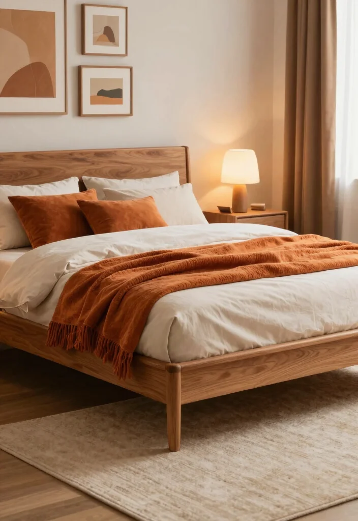 15 Wooden Bedframe Bedroom Ideas for a Natural Warm Style - 3. Low-Profile Bedframe with Warm Color Palette 1