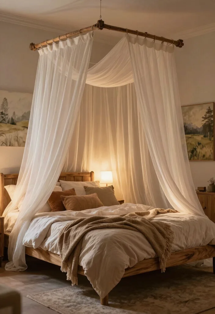 15 Wooden Bedframe Bedroom Ideas for a Natural Warm Style - 5. Canopy Bed with Rustic Wooden Frame 1