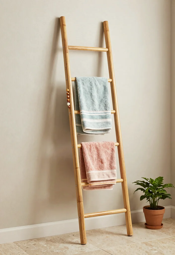 16 Bamboo Bathroom Decor Ideas With Zen Energy - 2. Bamboo Towel Ladder 1