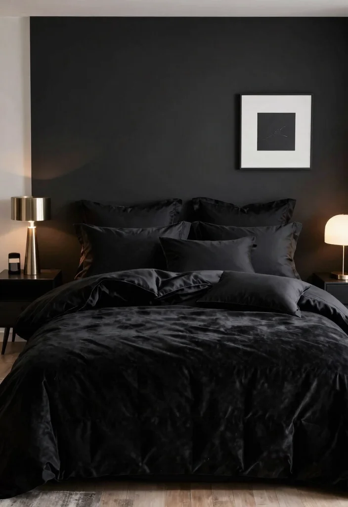 16 Black Bed Set Bedroom Ideas for a Sleek Modern Look - 1. Luxurious All-Black Bedding 1