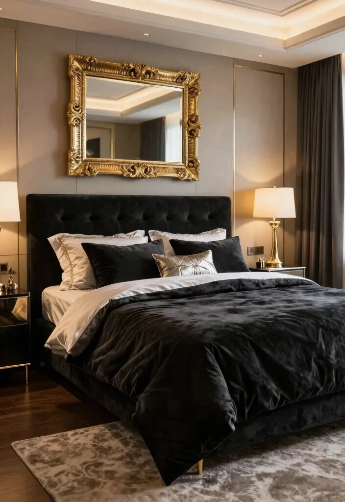 16 Black Bed Set Bedroom Ideas for a Sleek Modern Look - 15. Glamorous Black Bed Set Decor 1