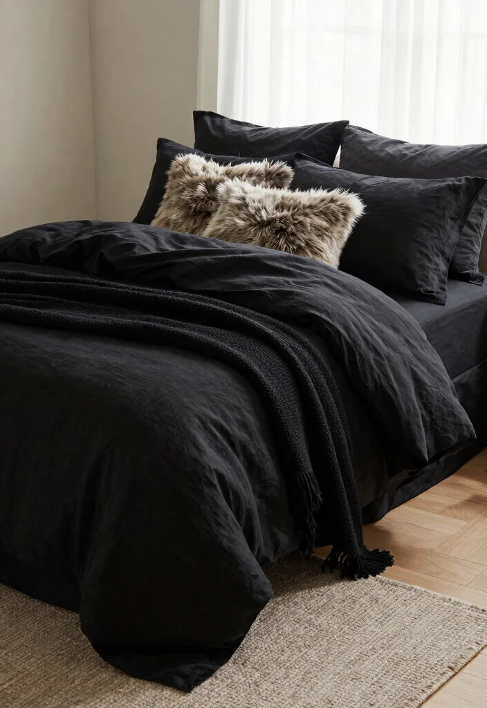 16 Black Bed Set Bedroom Ideas for a Sleek Modern Look - 3. Textured Black Bedding Layers 1