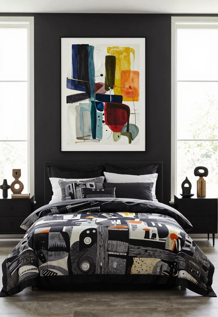 16 Black Bed Set Bedroom Ideas for a Sleek Modern Look - 8. Modern Black Bed Set with Artistic Touches 1