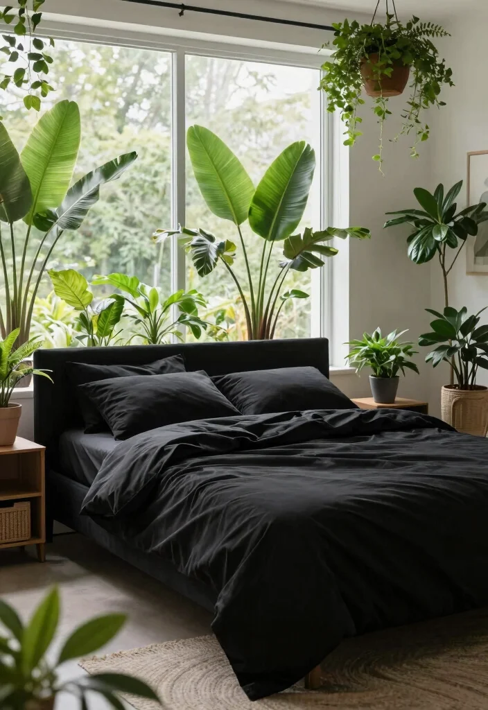 16 Black Bed Set Bedroom Ideas for a Sleek Modern Look - 9. Indoor Plants with Black Bed Set 1