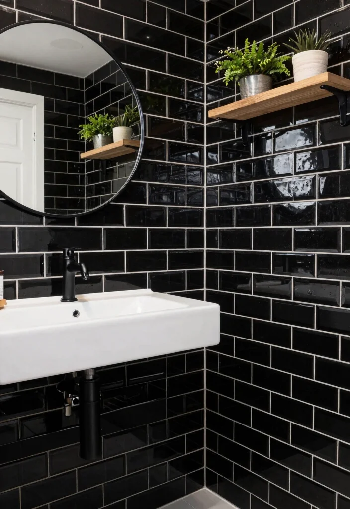 16 Black Subway Tile Bathroom Ideas For Bold Contrast - 1. Glossy Black Subway Tiles with White Grout 1