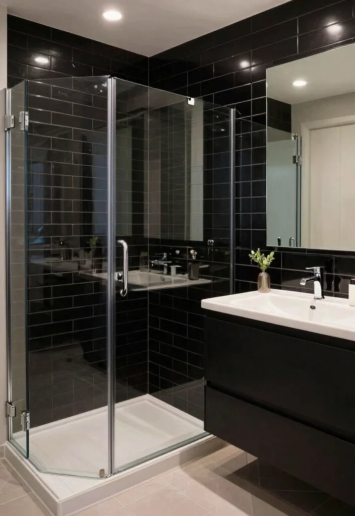 16 Black Subway Tile Bathroom Ideas For Bold Contrast - 10. Combining Black Subway Tiles with Glass Elements 1