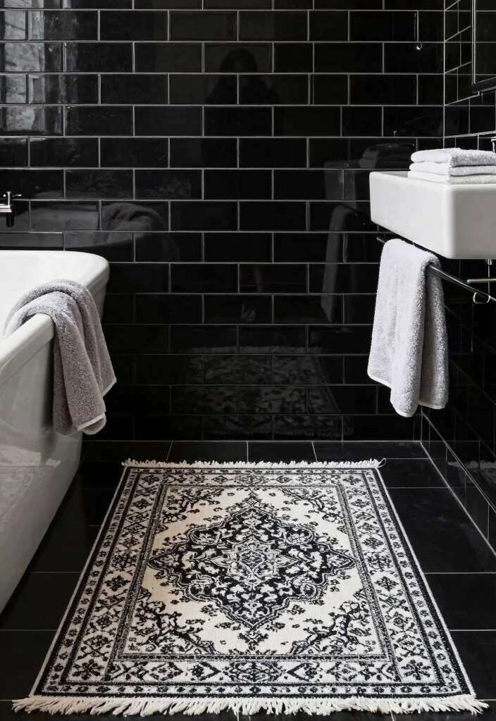 16 Black Subway Tile Bathroom Ideas For Bold Contrast - 13. Layering Textiles in Black and White 1