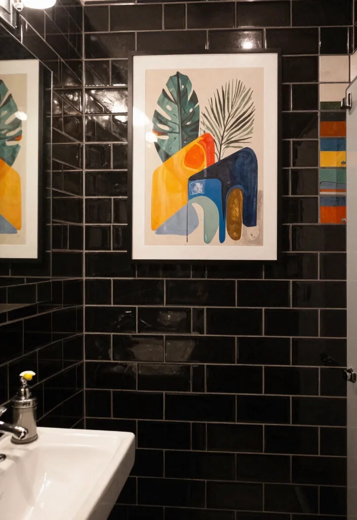 16 Black Subway Tile Bathroom Ideas For Bold Contrast - 14. Artistic Touch with Wall Art 1