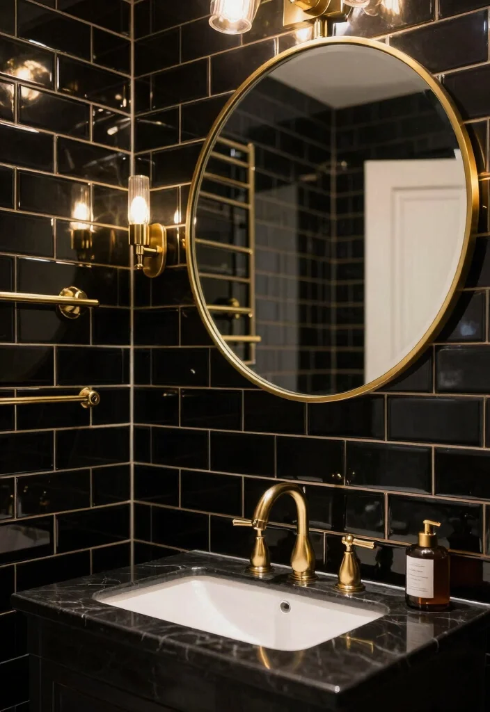 16 Black Subway Tile Bathroom Ideas For Bold Contrast - 2. Black Subway Tiles with Metallic Accents 1