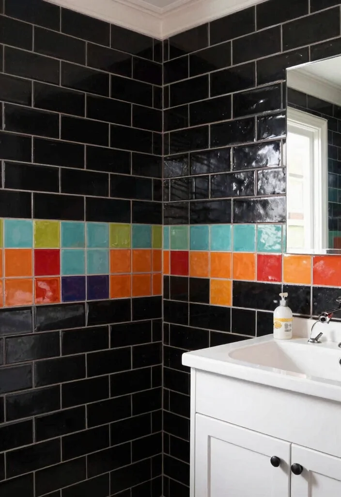 16 Black Subway Tile Bathroom Ideas For Bold Contrast - 5. Mix and Match with Colored Tiles 1